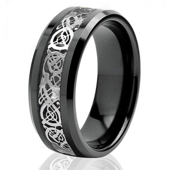 Men's Wedding Band - Silver Celtic Dragon Black Tungsten Carbon Ring for Men - Picture 1 of 7